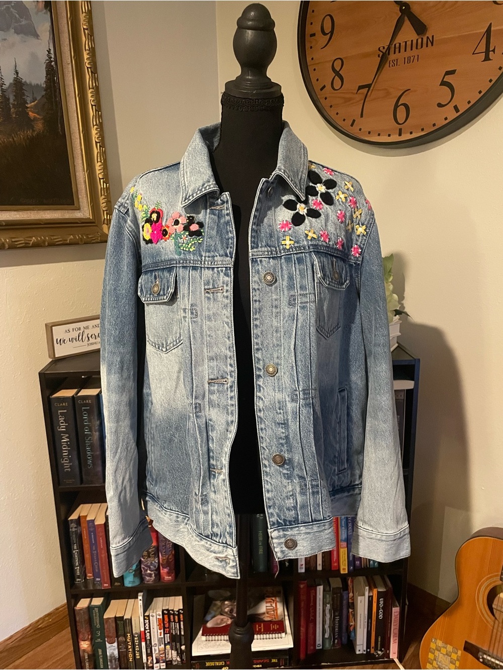 CAbi Light Blue Denim Jacket with Floral Embroidery